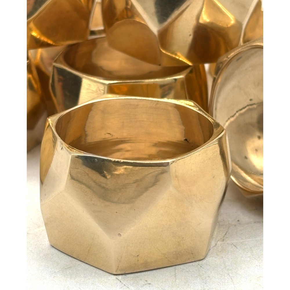 Set of 8 Solid‎ Brass Faceted Napkin Rings Modern Geometric Brutalist Style EUC